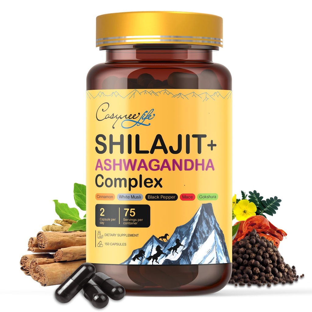 Himalajski Shilajit- Complex z Ashwagandha, Mace, Gokshura, Cinamon & Piperine  Minerali v sledovih, Shilajit za moške, Shilajit za ženske, redni odmerek - 150 kapsul