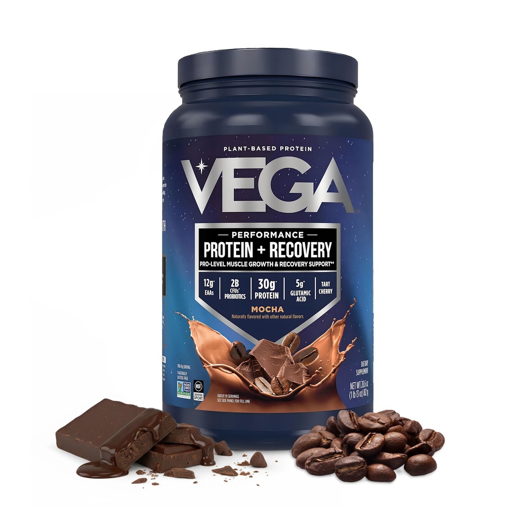 Vega Sport Vegan Protein Powder + Recovery - 30g Protein na osnovi rastlin na serviranje, Mocha, 19 Serving, 5g BCAA, Probiotics, NSF Certified, For Shakes & Smoothies, 1.8lbs (Packaging May Vary)
