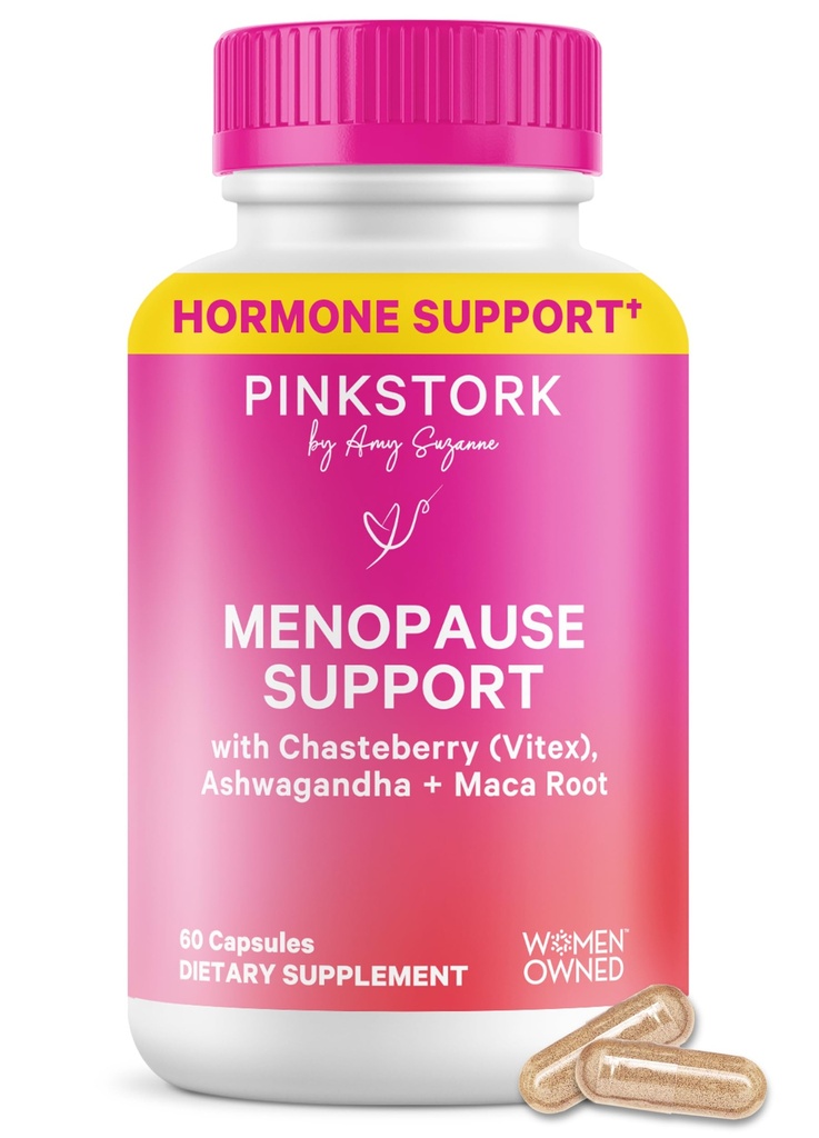 Pink Stork Menopause Support for Women - Hot Flash, Mood, Sleep, Weight, Cortisol & Hormonal Balance - Vegan, Estrogen-Free Perimenopause Relief - Ashwagandha, Maca - 60 Capsules