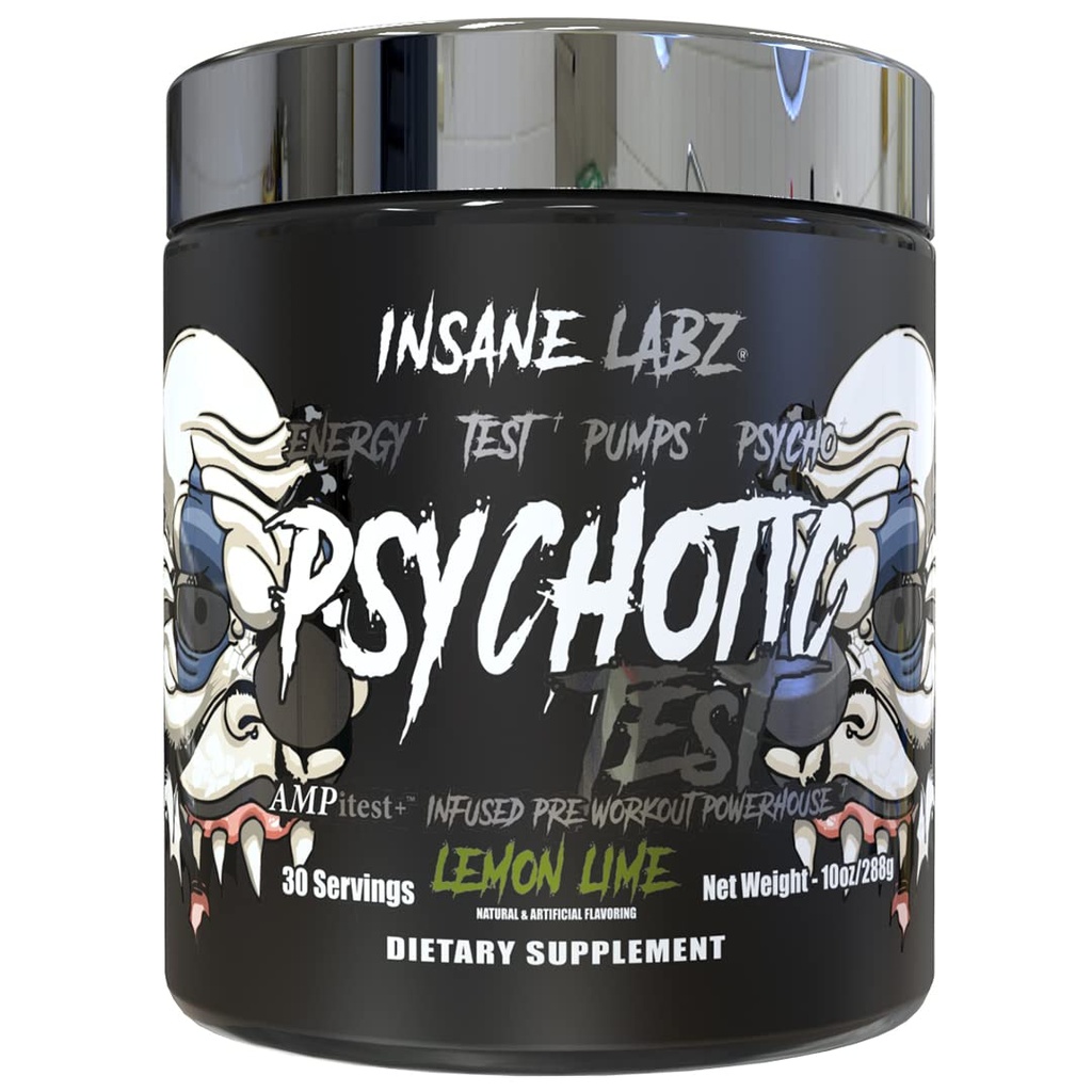 Insane Labz Psychotic Test, High Stim Testosteron Energy and Pump povečanje pred-workout prahu z DMAE Bitartrate, D Aspartična kislina, Kreatin HCL in Glicerol Monostearat, 30 Servingate, limona limete