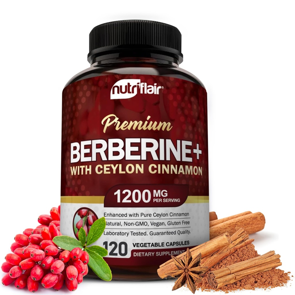 NutriFlair Premium Berberine HCL 1200mg, 120 kapsul - Plus Pure True Ceylon Cinamon, Berberine HCI Root Supplements Tablete - Imunski sistem - daje optimalen 8% HCl