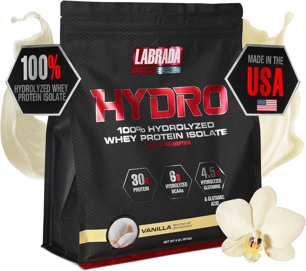LABRADA Hydro 100% čisti hidrolizirani izolat sirotkinih beljakovin v prahu, laktoza brez, glutamin, najhitrejša sirotka na voljo, takojšnja mešanica, okus 48 Serving 4lb (Vanilja)