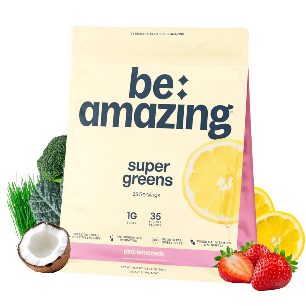 BREZPLAČNO Superzeleni prašek s prebiotiki, prebavnimi encimi in antioksidanti, 35 sadeži in zelenjavi, elektroliti in fiber, vegan, gluten brez soka in smoothie Mix, roza limonada, 25 serving