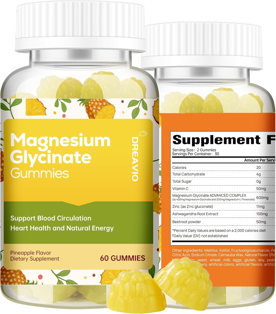 60 Count Magnezij Glycinate Gumies 400mg w/Ashwagandha dodatek - Brez sladkorja cink Magnezij Glycinate dodatek Ashwagandha Gumies za odrasle Ananas Flavor