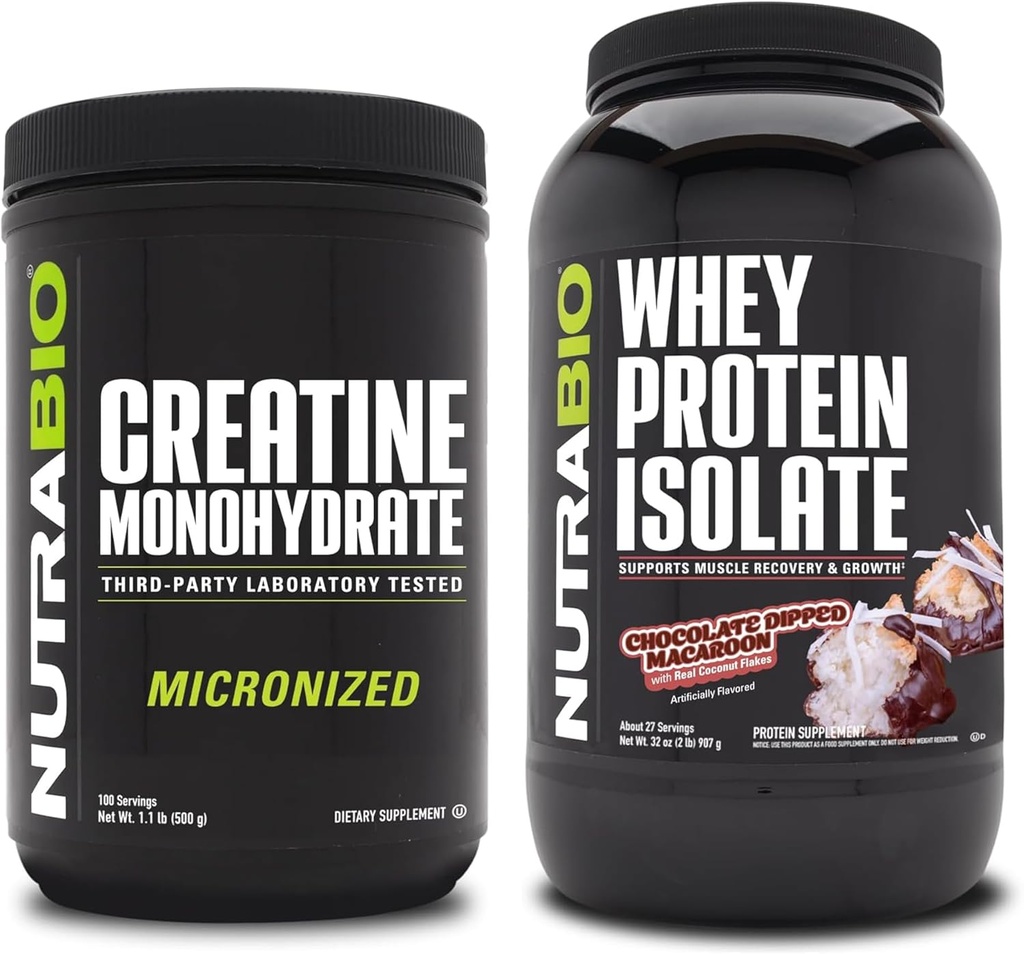 NutraBio Kreatin Monohidrat, brez arome, 500g in sirotkinega proteina izolat, čokoladni napitek Macaroon, dopolnilo - mišična energija, rast, okrevanje in moč