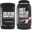 NutraBio Kreatin Monohidrat, brez arome, 500g in sirotkinega proteina izolat, čokoladni napitek Macaroon, dopolnilo - mišična energija, rast, okrevanje in moč