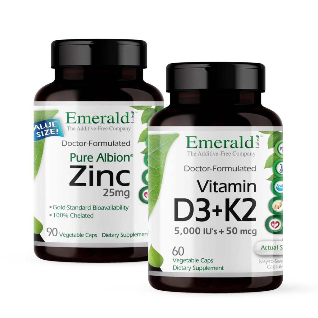 EMERALD LABS Vitamin D3+K2 (60 kapsul) & cink 25mg (90 kapic) - zdravje kosti, podpora srcu, Imunska podpora, Prebavno zdravje, Oksidativna stresna podpora - Gluten-free