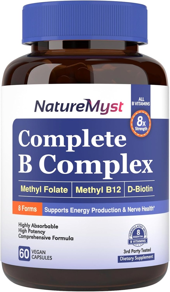Popoln B kompleks, Vse 8 B Vitamini, Metil B12, Metil Folat, Biotin, P-5-P, Zelo Absorbljiva, Proizvodnja energije, 60 Veganske kape