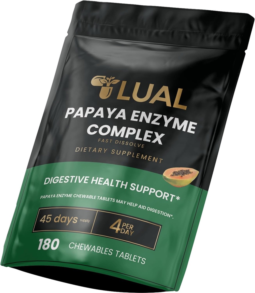 LUAL Papaya Enzyme Complex – Žvečljive tablete z Papain, Bromelain & Digestive Enzymes – Podpira digestion & Nutrient Absorpcija – Natural Papaya Flavor – 180 Count