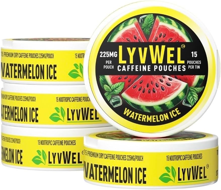 LyvWel 225mg Kofein Energy Pouches – Watermelon Ice 5-Pack (75 vrečke) – Osvežilna energija in fokus – Guarana-Okrepljeno čisto Boost za vadbe in Grind