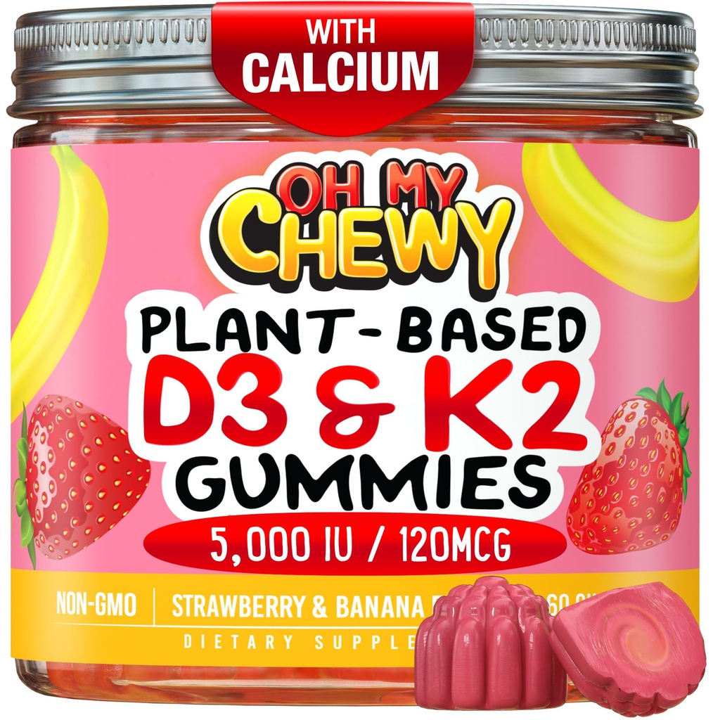 Vitamin D3 K2 Gummies - otroci, najstniki in odrasli - dodatek za zdrave zobe, kosti, energijo in imuniteto - 5000 i.e. D3, 120 μg K2(MK-7), 120 mg kalcija - Vegan & Non-GMO - 120 Count