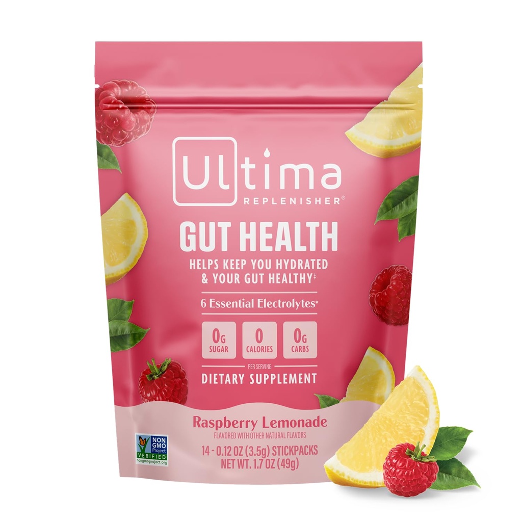 Ultima Replenisher Gut Health Supplement in elektroliti v prahu - malina limonada, 14 Stickpacks - Hydration Packets z dodanim Gut prednosti zdravja