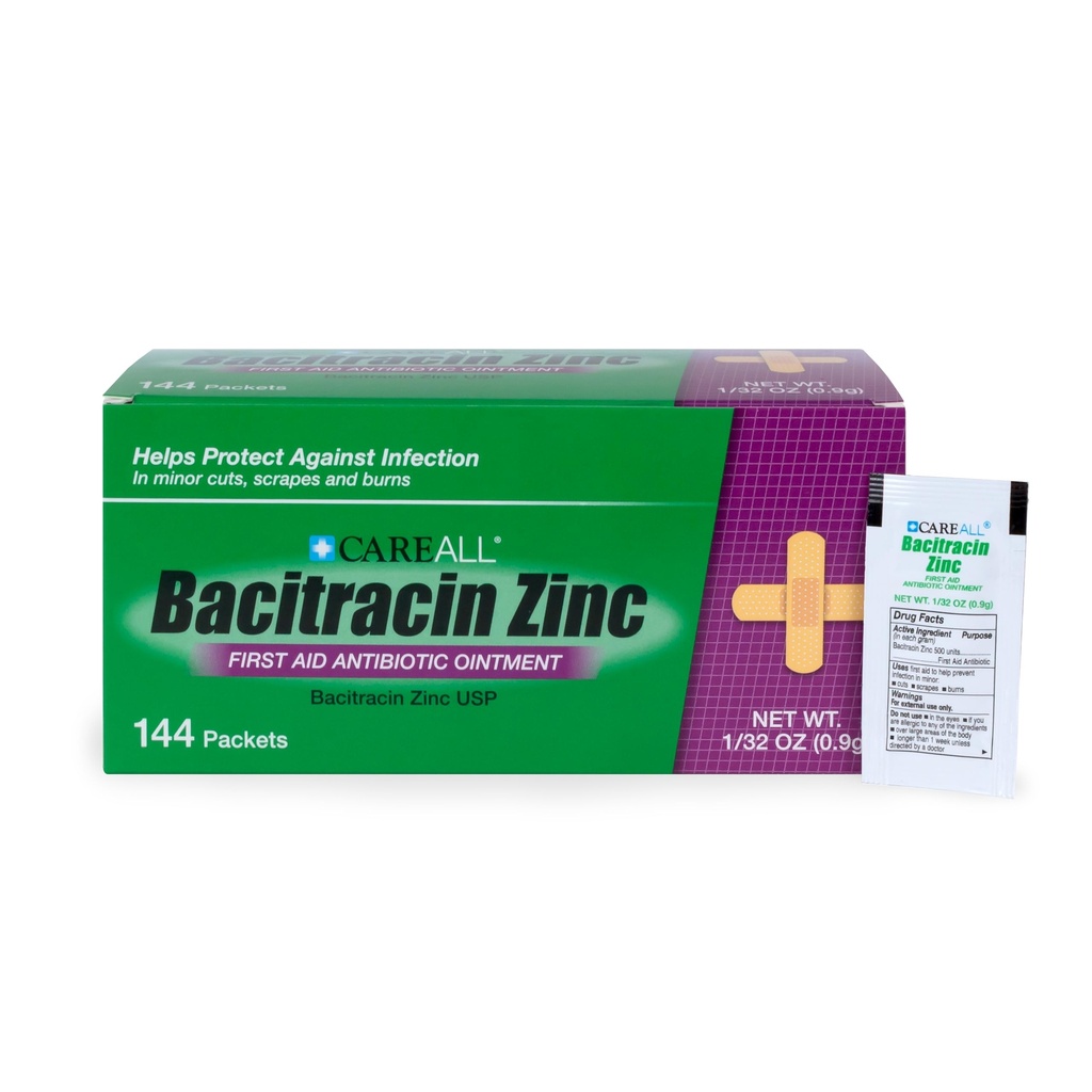 CareAll Bacitracin Antibiotično cinkovo mazilo (144 Pack), 0,9gr Foil Packet. Mazilo za prvo pomoč, ki preprečuje okužbe manjših frakcij, madežev in opeklin