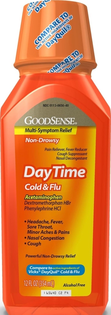 GoodSense Daytime Cold & Flu Multi-Symptom Relief, ne-zaspanost, učinkovito lajšanje vročine, boleče grlo, kašelj, Nazal Congestion, 12 Fl Oz
