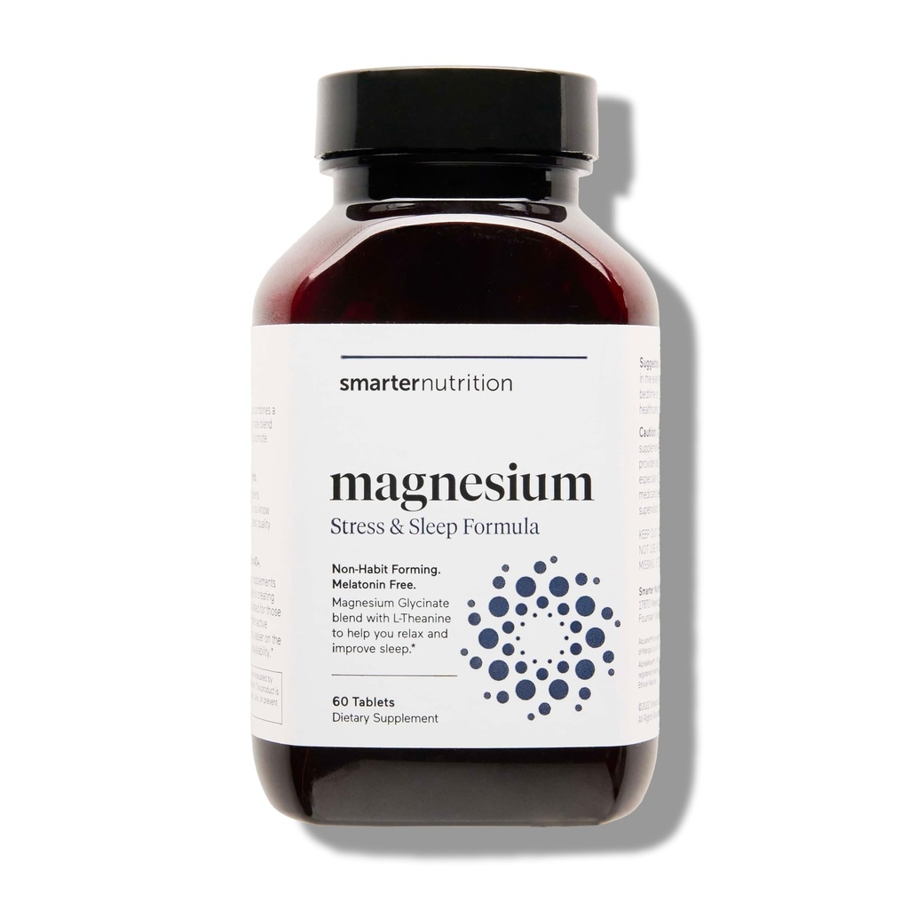 Smarter Nutrition Magnezij Complex - kelirani magnezijev glicinat + citrat, malat za spanje, sprostitev, mišice in živci + klinično dokazano L-teanin, ne-GMO-60 tableta[30-dnevna oskrba]