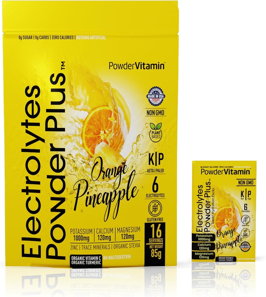 PrašekVitamin Elektroliti v prahu Plus, Keto, pomarančni Ananas, brez sladkorja, roza himalajska sol, 1000mg kalij, 120mg kalcij, 120mg magnezij, ne-GMO, nič kalorij, (16 hidracijski paketi)