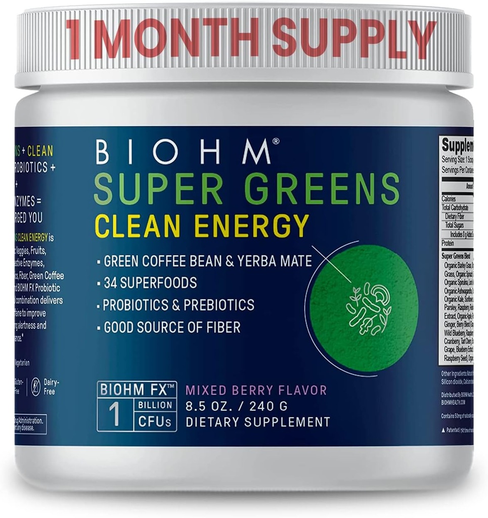 BIOHM Super Greens Čista energija, Zelena Superfood Powder (8.5 Oz, 30 Servings) podpira Gut Zdravje & Kognition, 34 Naravni sadeži, Zelenjavni in zeliščni ekstrakti s prebiotiki, Probiotiki in encimi