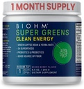 BIOHM Super Greens Čista energija, Zelena Superfood Powder (8.5 Oz, 30 Servings) podpira Gut Zdravje & Kognition, 34 Naravni sadeži, Zelenjavni in zeliščni ekstrakti s prebiotiki, Probiotiki in encimi