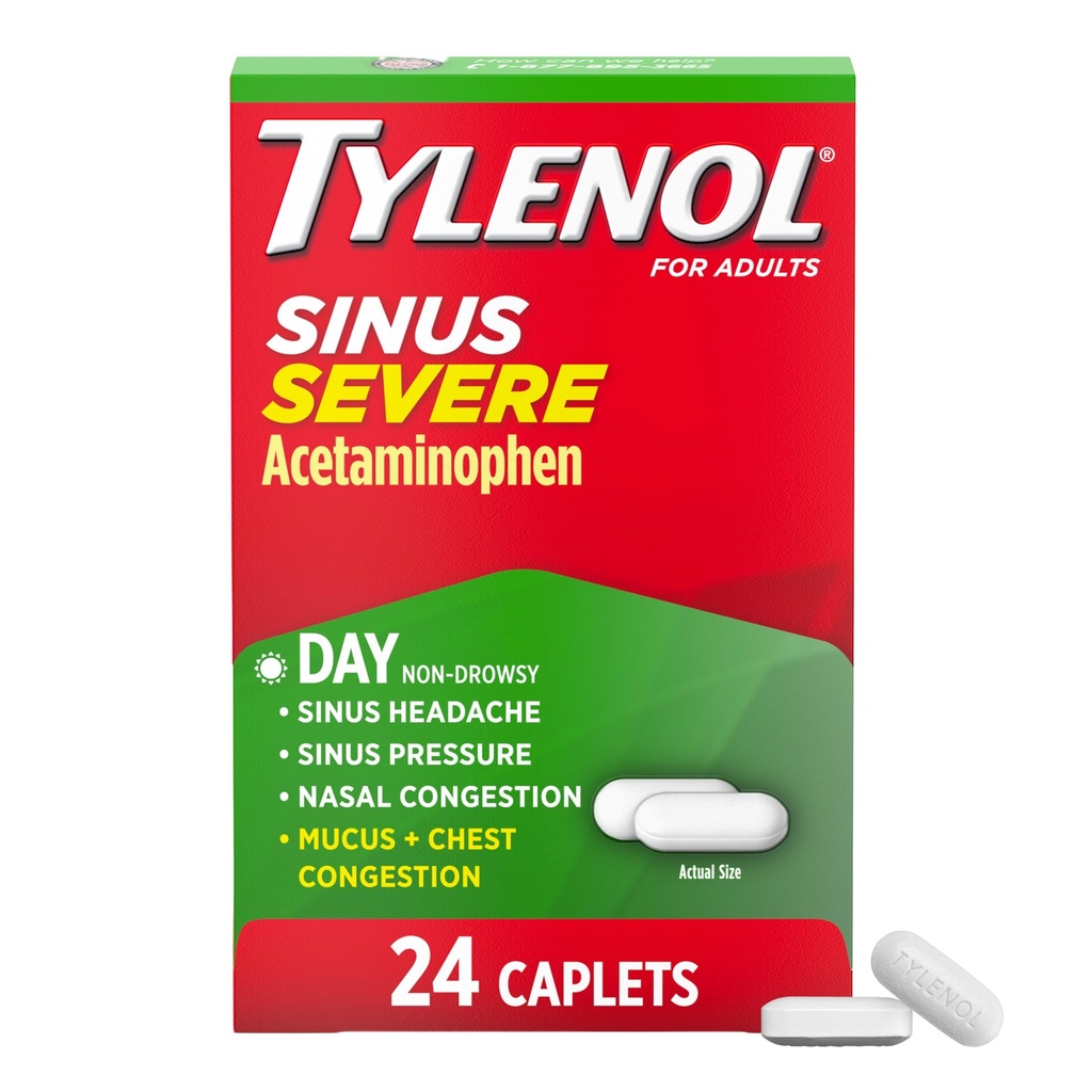 Tilenol Sinus Huda dnevna medicina Cold & Relief Caplets, Ne- Motna bolečina Reliever, Reliever za zmanjšanje telesne temperature napovedovalec in dekongestiv, acetataminofen, Guaifensin & Phenilephrin HCl, 24 ā