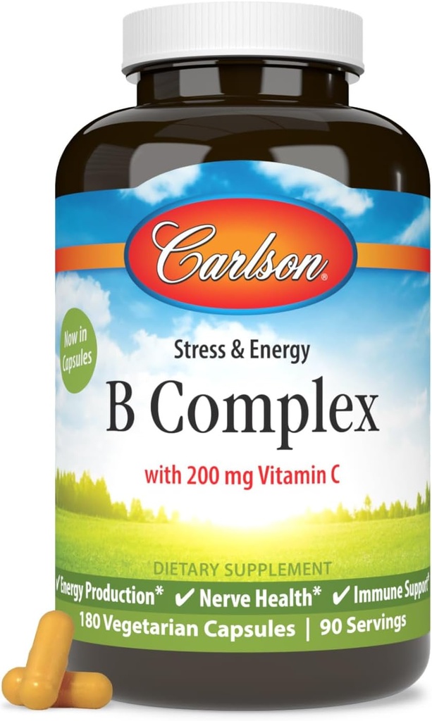 Carlson - B Kompleksni B Vitamini z vitaminom C - stres, energija in imunski vitamin B kompleks za ženske in moške - 180 Vegetarijanske kapsule