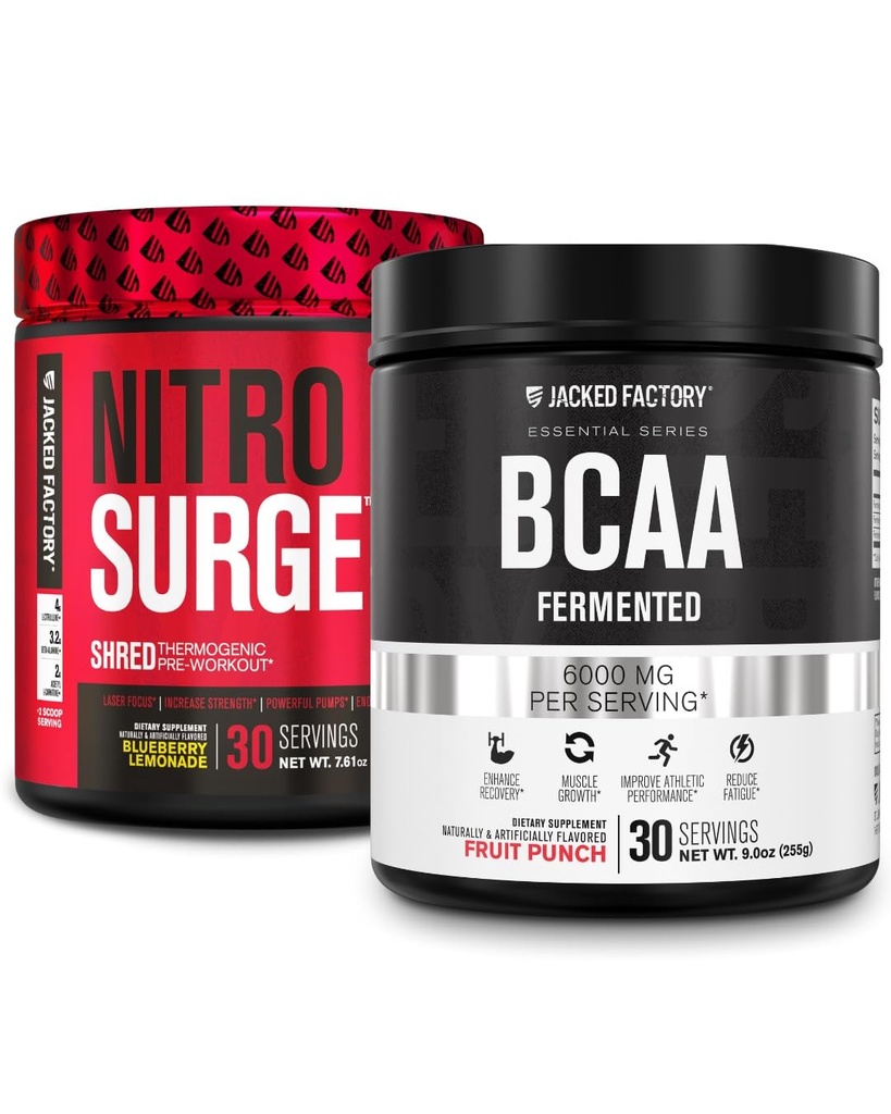 Jacked Factory Nitrosurge Shred Termogenic Pred-World in Blueberry Lemonade & BCAA v sadni punch za repozicijo telesa, izgradnjo mišic in okrevanje