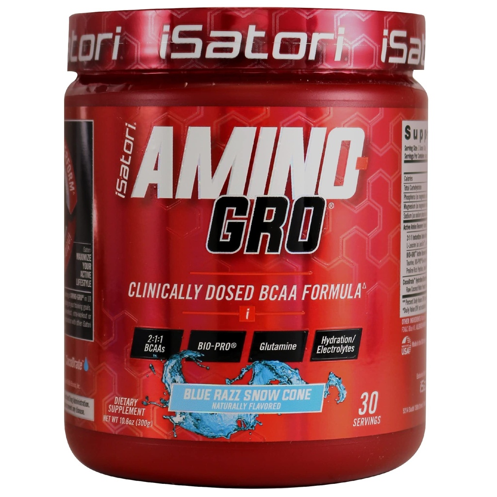 iSatori Amino-GRO BCAA prašek, razvejane verige aminokislin z glutaminom, elektrolitski prašek in bio-GRO bioaktivne peptide za rast mišic in okrevanje po treningu, Blue Razz Snow Cone (30 servivov)