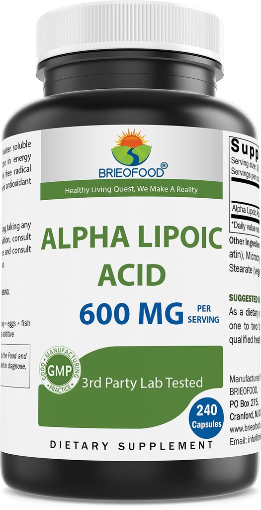 Brieofood alfa lipojska kislina 600 mg na serviranje - 240 kapsul - brez glutena