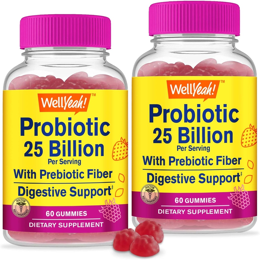 WellYease (2 Pack 25 milijard probiotiki + Prebiotiki za moške in ženske Gumies - Prebavna podpora, Gut Health, Imunska podpora Gummy - Probiotiki za prebavno zdravje z 12 sevi - 60 Gumies