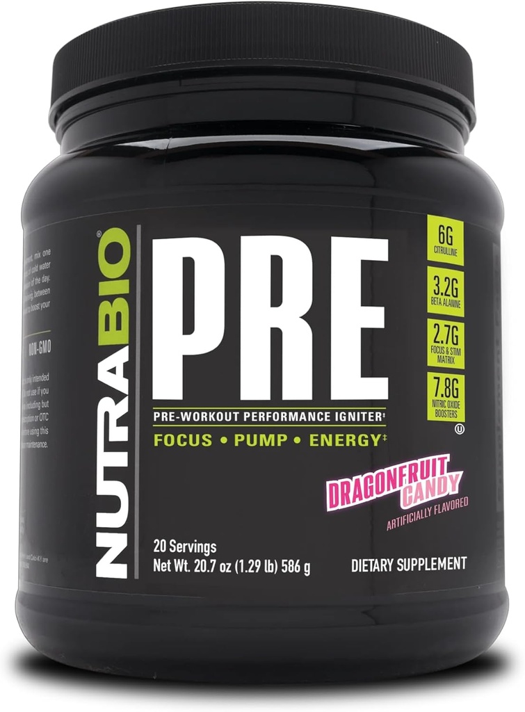 NutraBio PRE Workout Powder - stara Formula- Trajna energija, Duševno fokus, vzdržljivost - Beta Alanin, Kreatin, Kofein, Elektroliti - 20 Serving - Dragonfood Candy