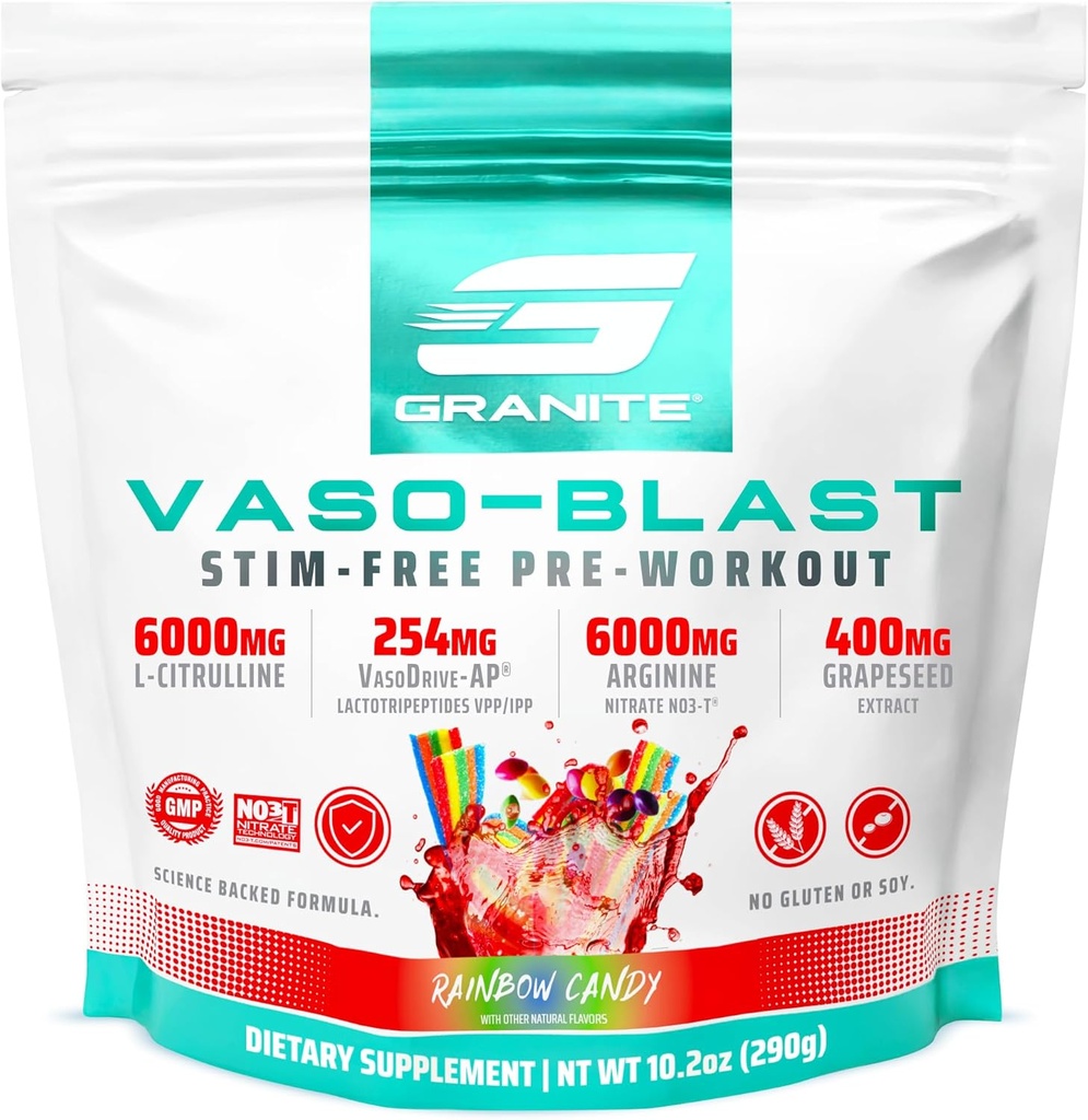 Granit dopolnila Vaso Blast, Rainbow Candy Flavor, Stimulant-free Pre Workout za moške in ženske z izvlečkom grozdnega semena, Arginin Nitrite, & VasoDrive-AP za Max Pump (20 Servings)