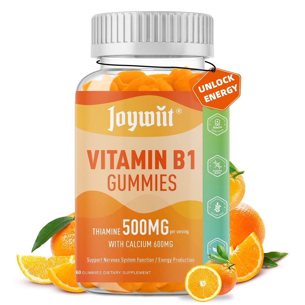 Vitamin B1 Gumies 500mg, Žvečljivi tiamin B1 dodatek za odrasle, s 600mg kalcijev citrat, podpora živčni sistem, Vegan, naravna pomaranča aroma