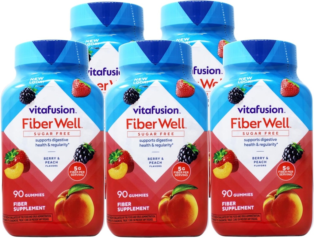 VitaFusion, Fiber Well Gummies, Fiber Supplement, Razvrščene arome - 90 gumijev, pakiranje po 5
