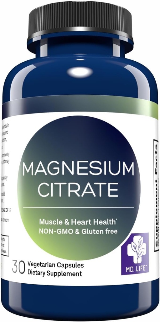 MD. Life Magnezijev citrat 250 mg – 30 kapsul – visoka absorpcija Magnezijev citrat – Enostavne kapsule za mišice, živec, srce, spanje in podporo kosti