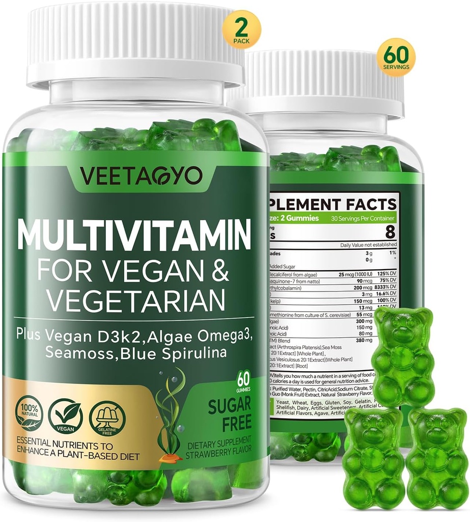 Vitamin D3 + K2-1000IU D3 90mcg K2 - multivitamin za vegetarijance in odrasle w/Algae Omega-3,Iron,metil B12,Seamoss,Iodin za kosti, mišičje, energijo, imuniteto – brez sladkorja, glutensko-free,120