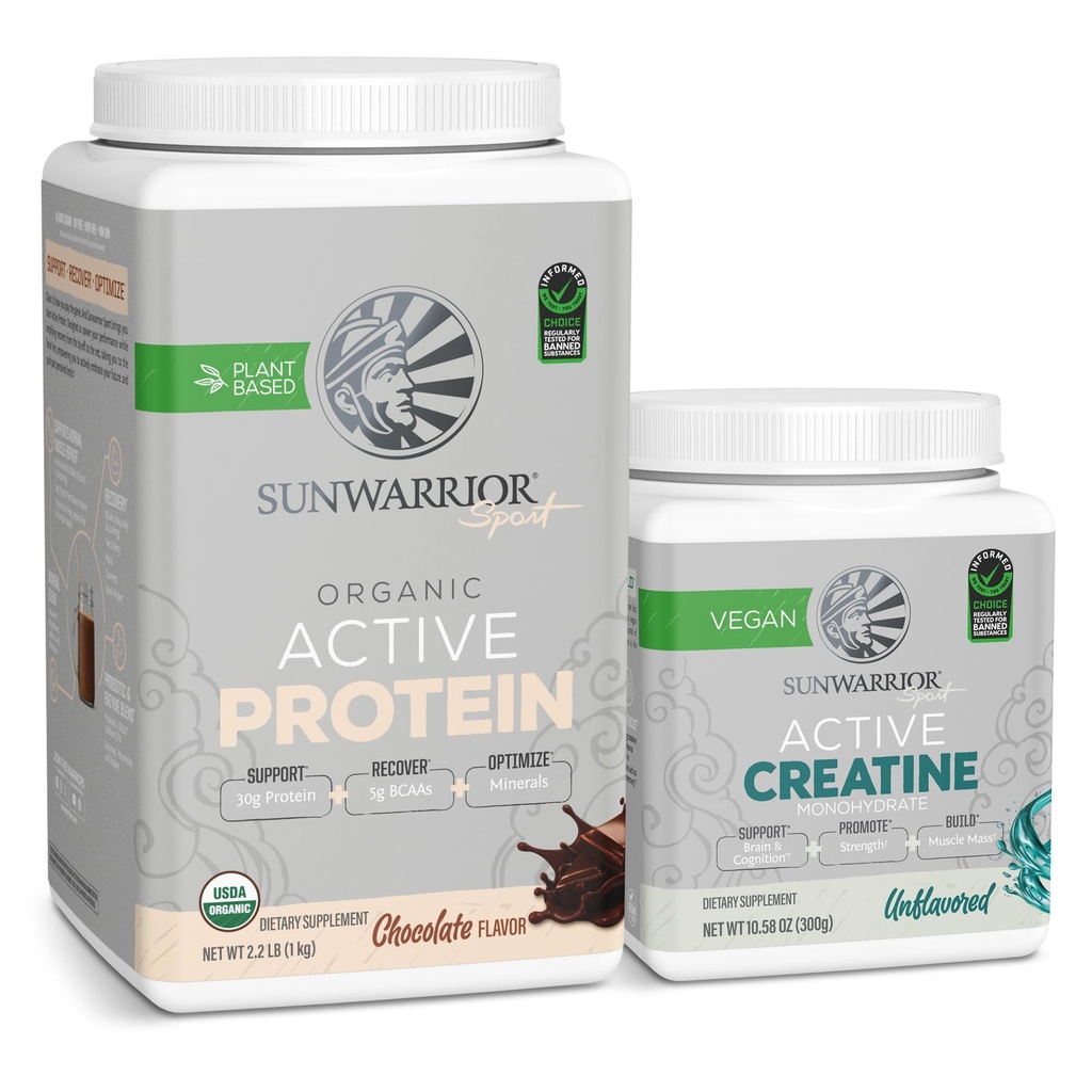 Sunwarrior Kreatin v prahu & Vanilla Active Organic Beljakovine v prahu Set 
