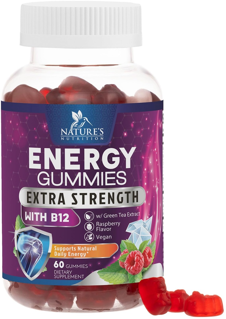 Energija Gummies 1000mcg - z vitaminom B12, Zelena Tea Natural Kofein Podpora, Daily Energy Gummies - Okusna Berry Flavor B12 Žvečljiva vaja Dodatek za tek Kolesarjenje in športi - 60 Chews