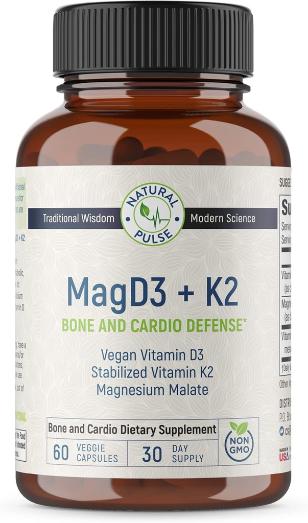 Magnezijev malat + Vegan Vitamin D3 + Stabilizirani vitamin K2, popolna podpora dodatek za celično energijo, kardiovaskularno, imuno- in presnovno zdravje in moč kosti, 90 Veggie Caps