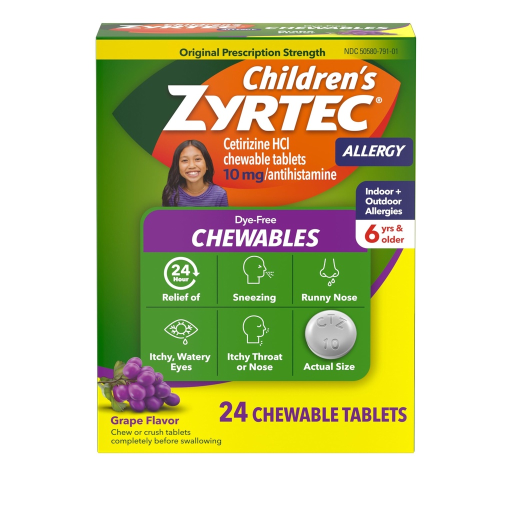 Zyrtec Otroški Dye-free žvečilni izdelki za 24 ur Alergija Relief, 10 mg cetirizin hidroklorid Antihistaminiki tablete, otroci alergija Medicine Relieves Sneesing & Srbeče grlo, grozdje, 24 ct