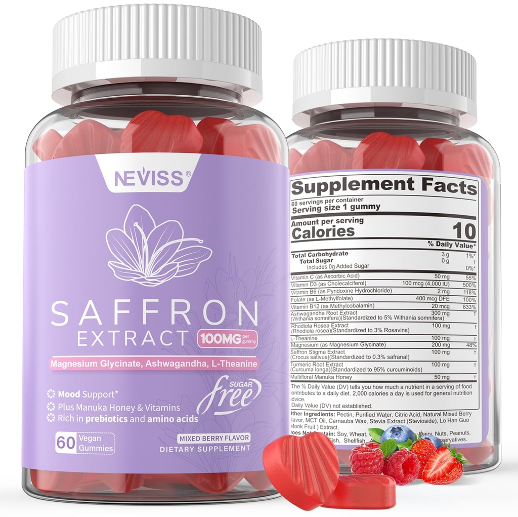 Žafran dopolnila Gumies 100mg - 100% Pure Saffron ekstrakt z magnezijevim glicinat, L-teanin, kurkuma, Ashwagandha, Med & Vitamin B kompleks za Mood & Moč, Antioksidant, Vitalnost - 120 Count