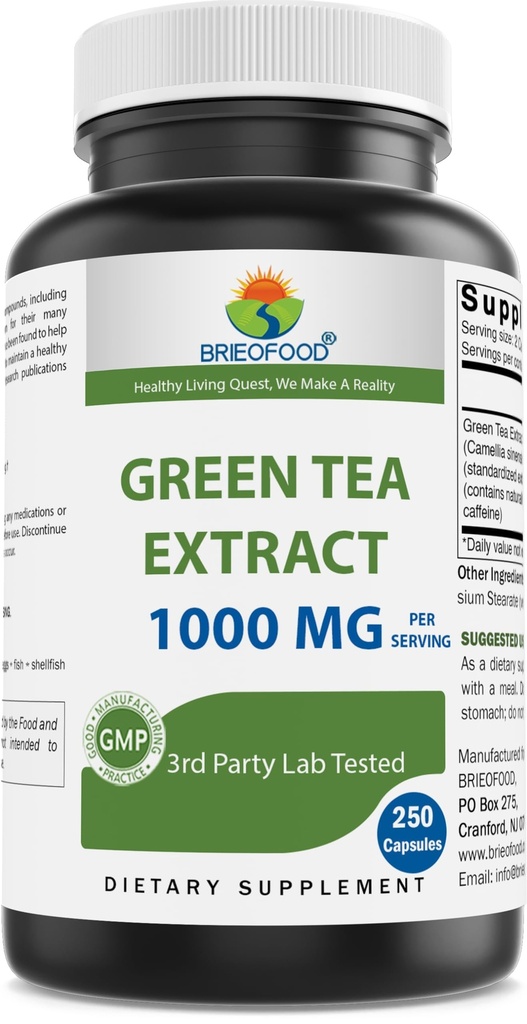 Brieofood Green Tea Extract 1000 mg na serviranje (min 50% polifenolov) - 250 kapsul - 3. party Lab preizkušen za čistoto in kakovost