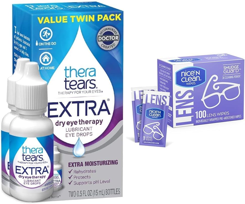 TheraTears ekstra suhe kapljice za oči, 2 Count & Nice 'n Čisti 100 SmudgeGuard leče obriše paket