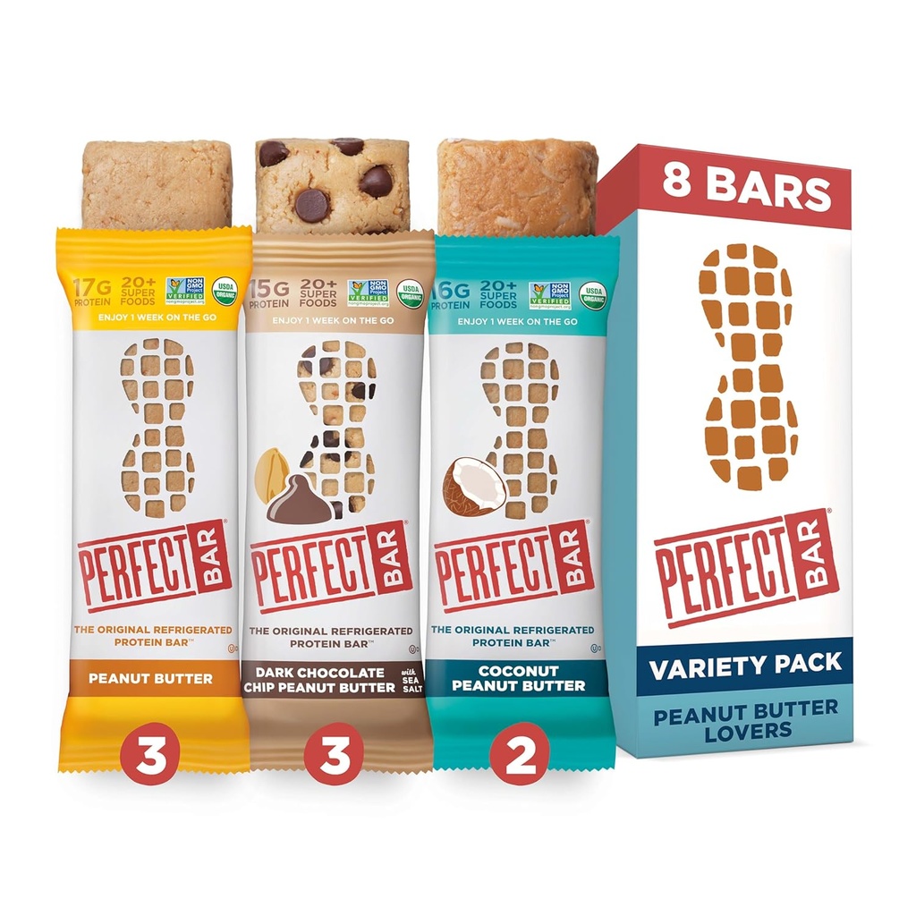 Perfect Bar Original Hladilo Protein Bar, Peanut Butter Lover's Variety Bundele, 2.2 - 2.5 Ounce Bar, 8 Count