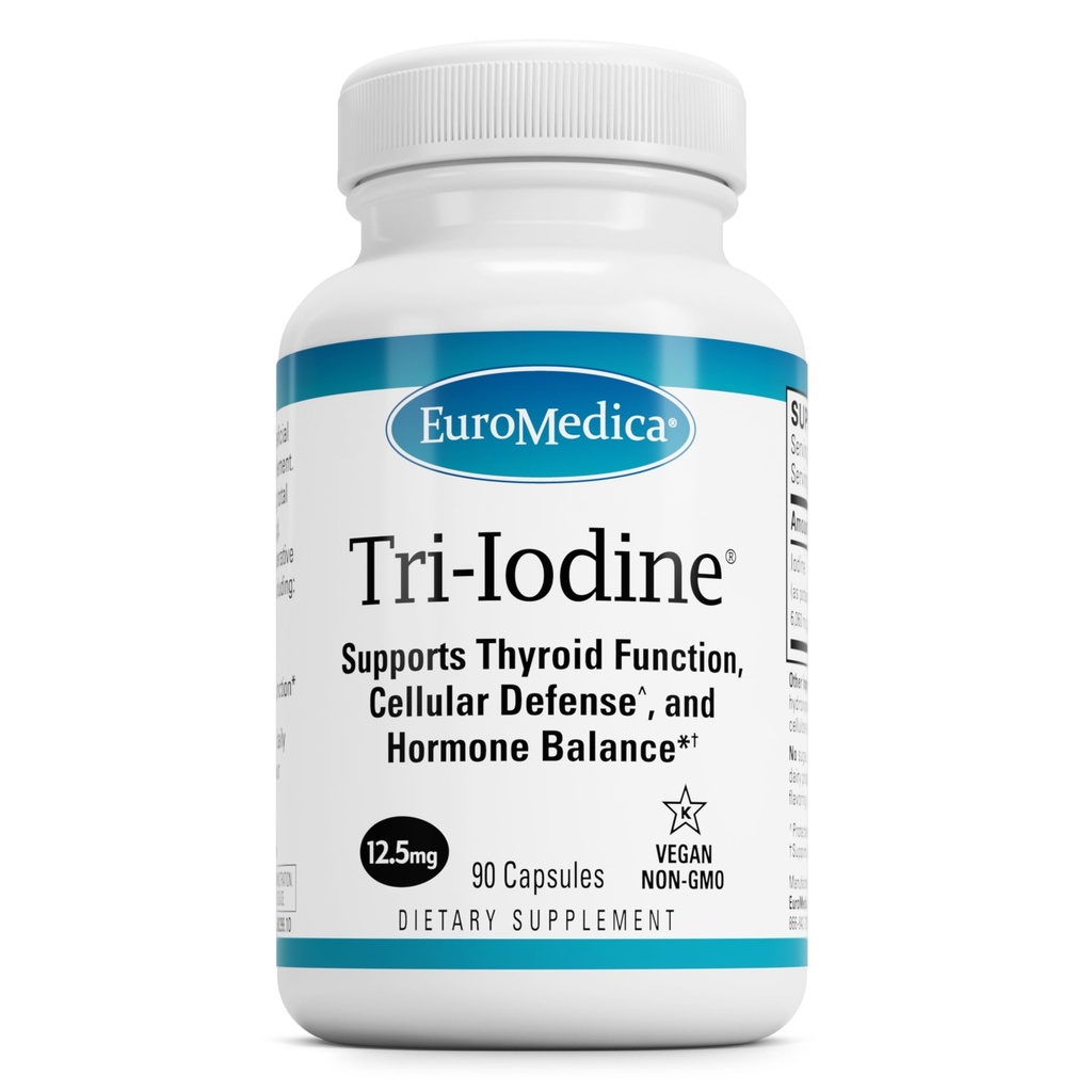 EuroMedica Tri-Iodine - Podpora za zdravje ščitnice - Aids Hormone Balance z molekularnim jodom iz Kelpa - Lastnosti Kalijev jodid in natrijev jodid - Podpora za možgane in energijo - 12, 5mg, 90 kapsul