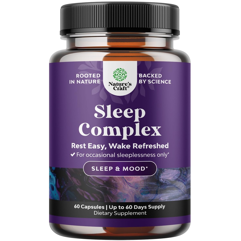 Natures Craft Natural Osvežilni Sleep Formula - Podpira zdravo počitek - Nedodatni dodatek - Magnezij L-Theanine GABA - Najčistejše zeliščne sestavine