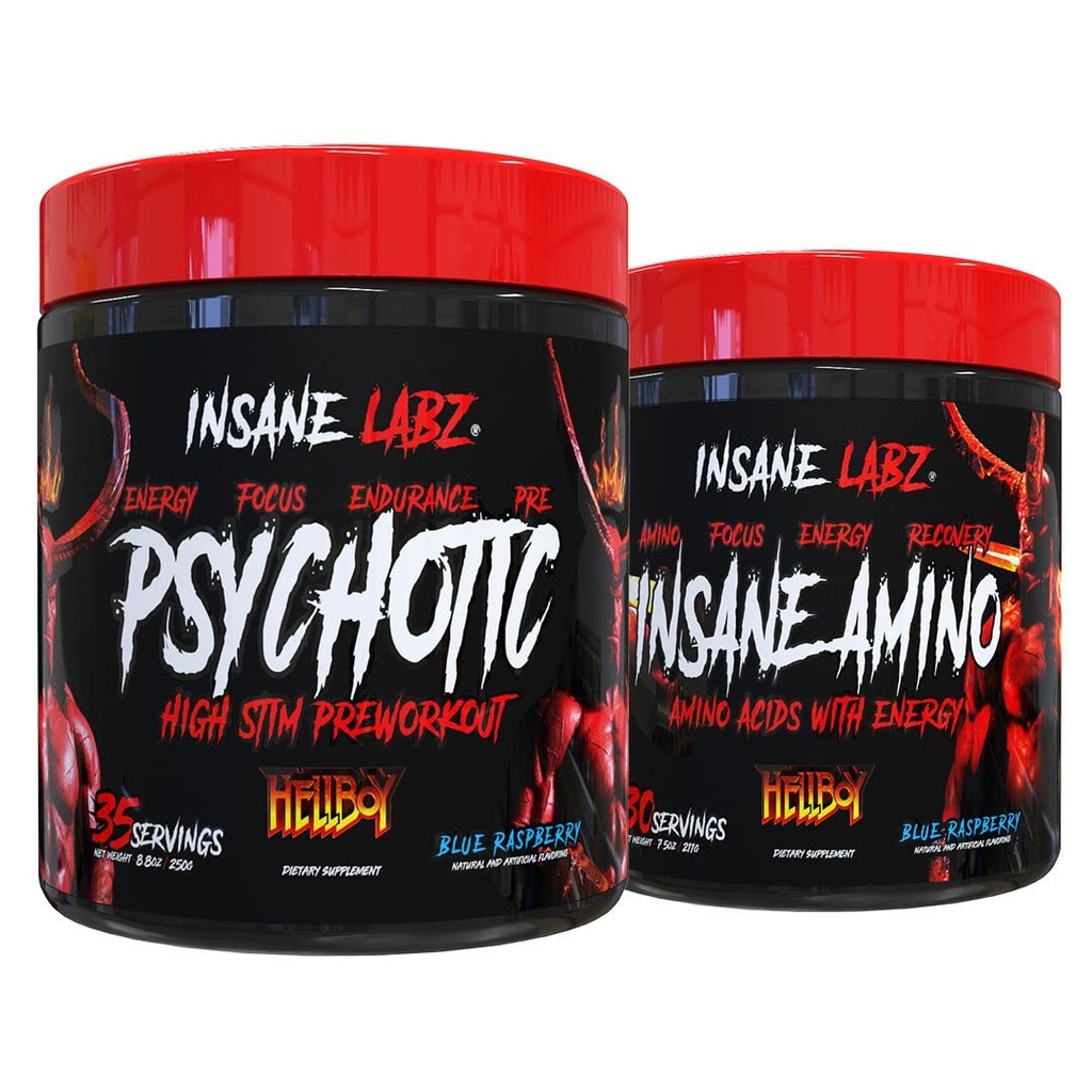 Insane Labz Hellboy Bundle, psihotični Hellboy pred vadbo in Insane Amino BCAA, povečanje mišične mase, moč, fokus in čas okrevanja, modra malina