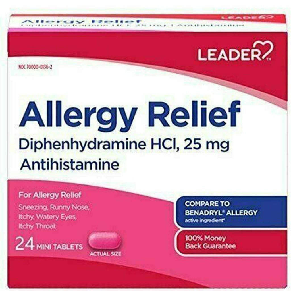 Leader Antihistaminiki Alergija Relief Difenhidramin HCl, 25 mg Mini tablete, 24 število
