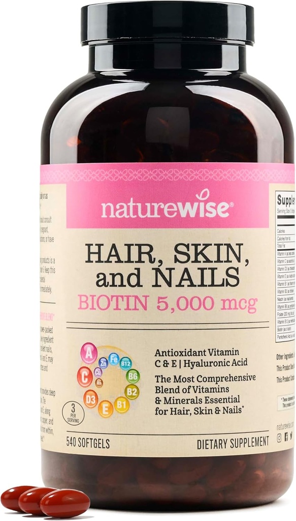 NaravaWise las kože in nohti Vitamin, Biotin 5000mcg w/Hyaluronska kislina, kolagen za ženske s C, B kompleks, D3, A, E, železo - Ne-GMO, Gluten prost - 540 Softgels[6-mesečna zaloga]