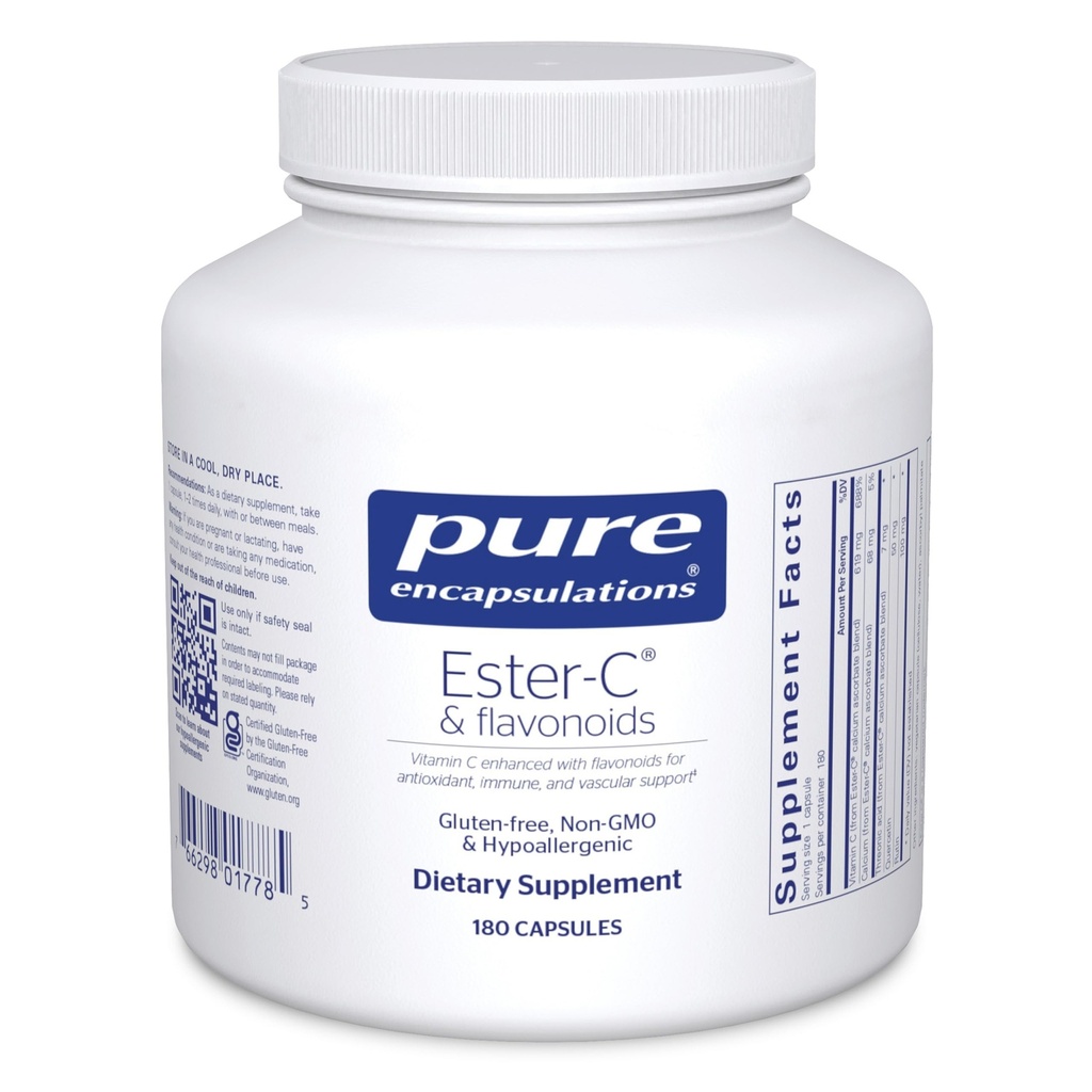 Čiste enkapsulacije Ester-C & Flavonoidi - dodatek vitamina C za antioksidate - Imunska in vaskularna podpora* s kalcijom in rutinom - Nežen na prebavi - Vegan & Non-GMO - 180 kapsul