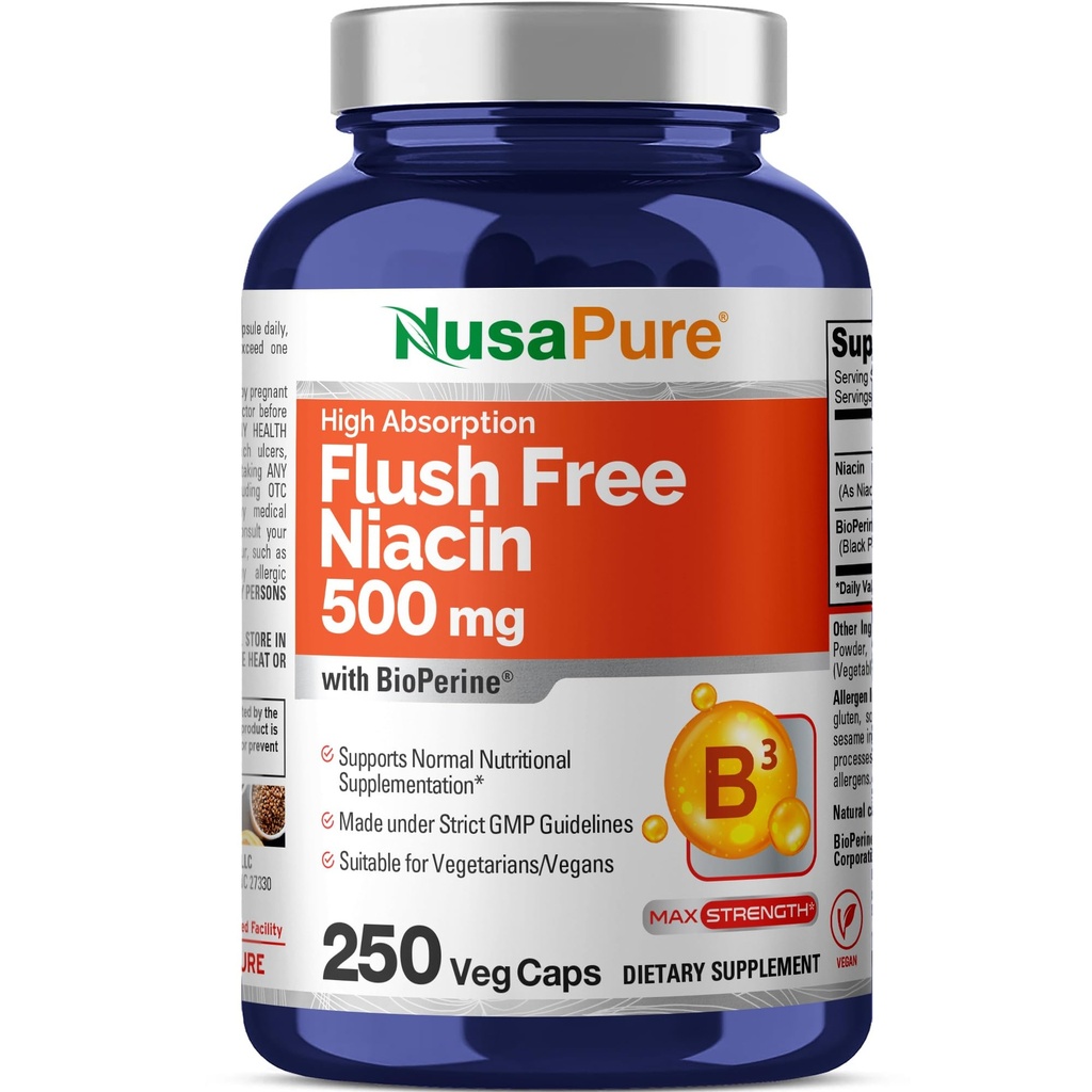 NusaPure Flush Free Niacin 500mg 250 kapsul (Vegan,Non-GMO & Vegan) Bioperine