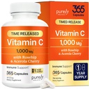 Čisto holistični vitamin C 1000mg, 365 Kapsule, 12 mesecev dobave, 2 fazi časovno sprostitev z askorbinsko kislino, Rosehip & Acerola Cherry Bioflavonoid, Imunski sistem podpora, Vegan